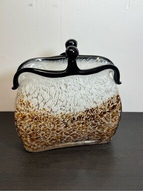 Vintage Murano Style Art Glass Brown And White Handbag Vase